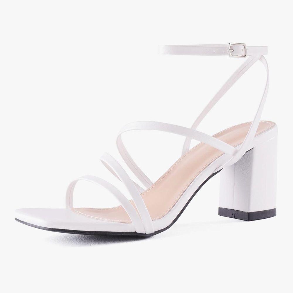 Lacuna Strappy Block Heels Square Toe Chunky Ankle Buckle White Sandals 10